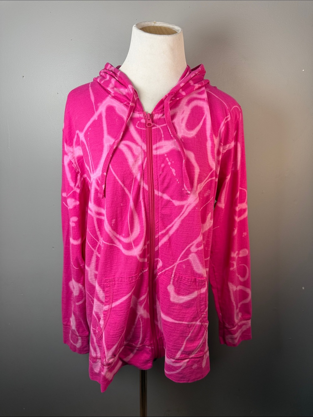 Bright Pink Tie-Dye Zip-Up Hoodie with Hood and Pockets